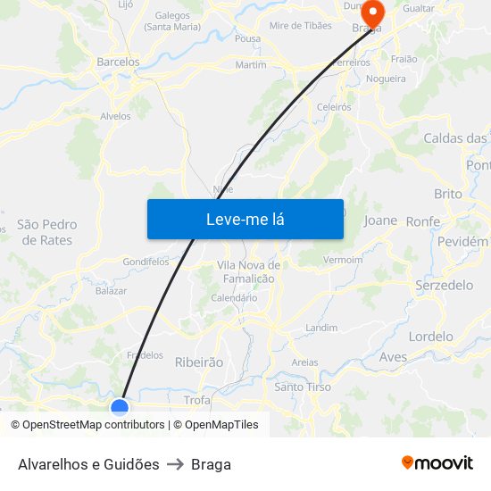 Alvarelhos e Guidões to Braga map