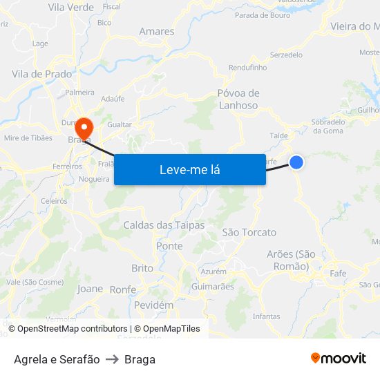 Agrela e Serafão to Braga map