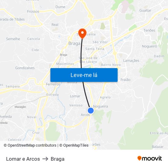 Lomar e Arcos to Braga map