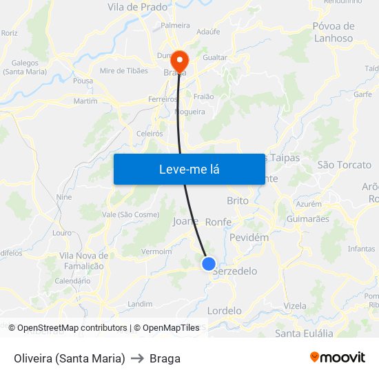 Oliveira (Santa Maria) to Braga map