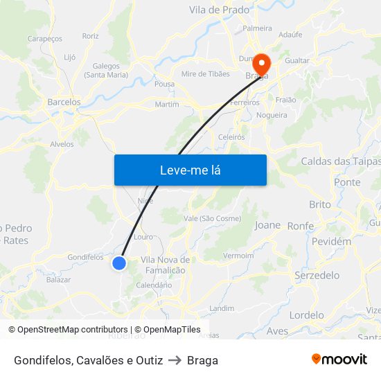 Gondifelos, Cavalões e Outiz to Braga map