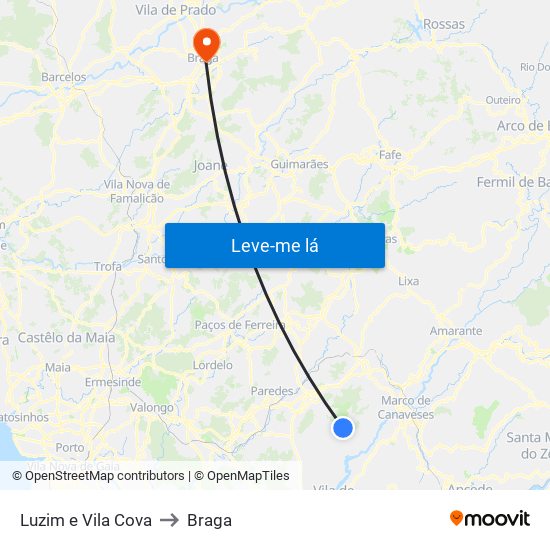 Luzim e Vila Cova to Braga map