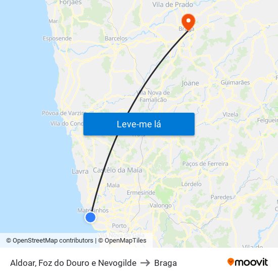 Aldoar, Foz do Douro e Nevogilde to Braga map