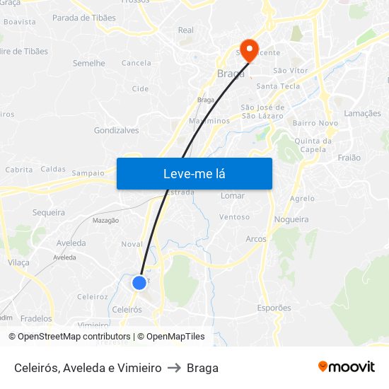 Celeirós, Aveleda e Vimieiro to Braga map