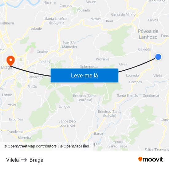 Vilela to Braga map