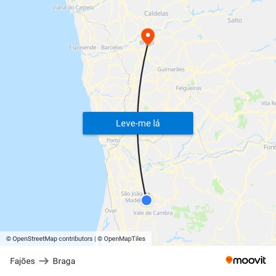 Fajões to Braga map