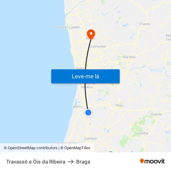 Travassô e Óis da Ribeira to Braga map