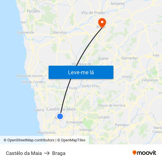 Castêlo da Maia to Braga map