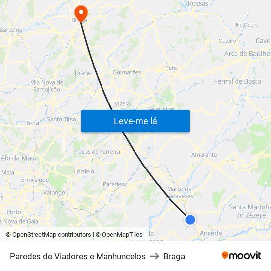 Paredes de Viadores e Manhuncelos to Braga map