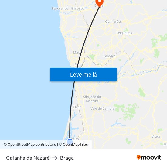 Gafanha da Nazaré to Braga map