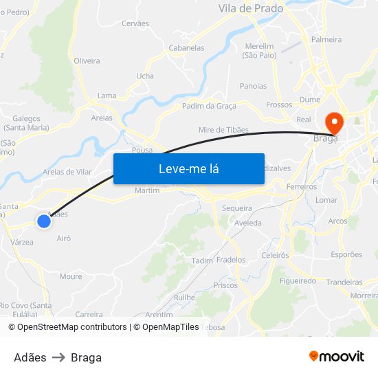 Adães to Braga map