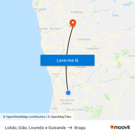 Lobão, Gião, Louredo e Guisande to Braga map