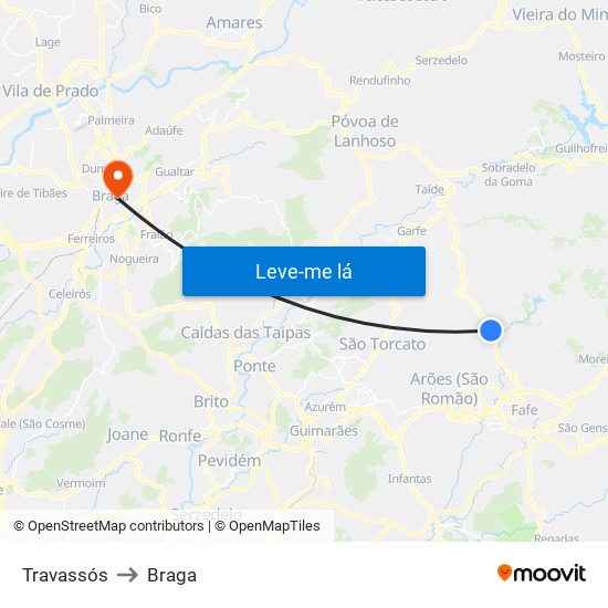 Travassós to Braga map