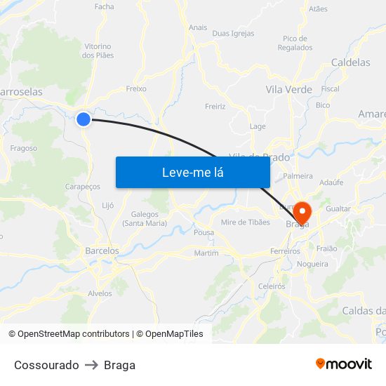 Cossourado to Braga map