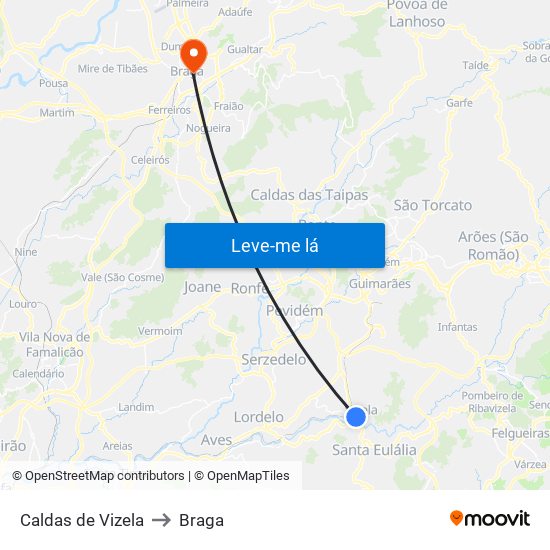 Caldas de Vizela to Braga map