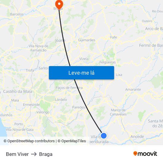 Bem Viver to Braga map