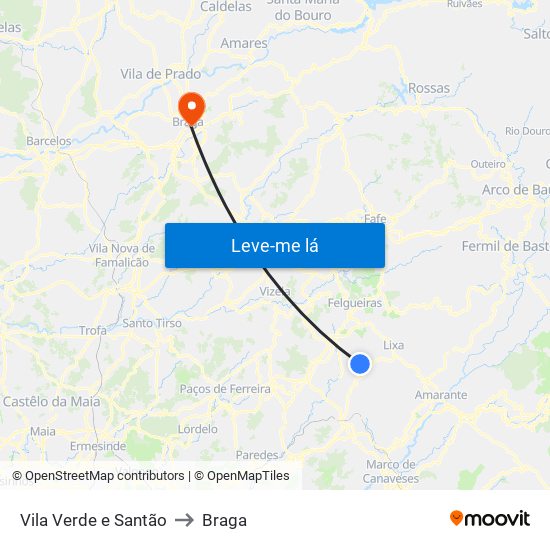 Vila Verde e Santão to Braga map