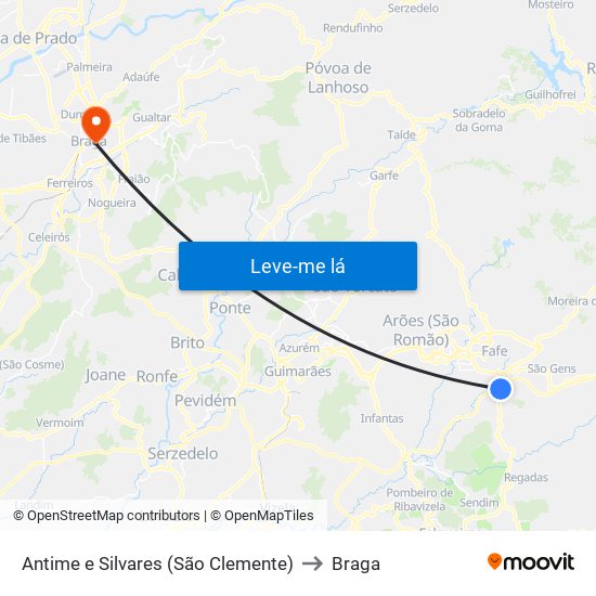 Antime e Silvares (São Clemente) to Braga map