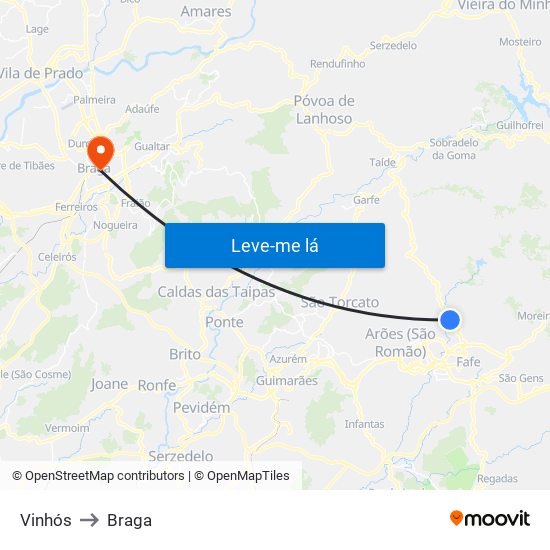 Vinhós to Braga map