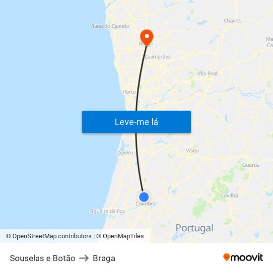 Souselas e Botão to Braga map