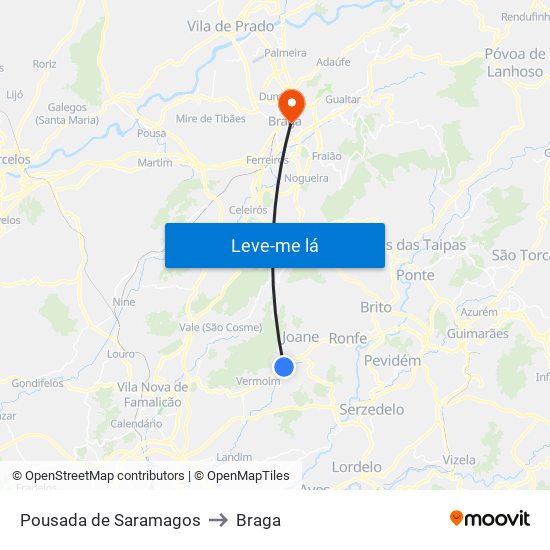 Pousada de Saramagos to Braga map