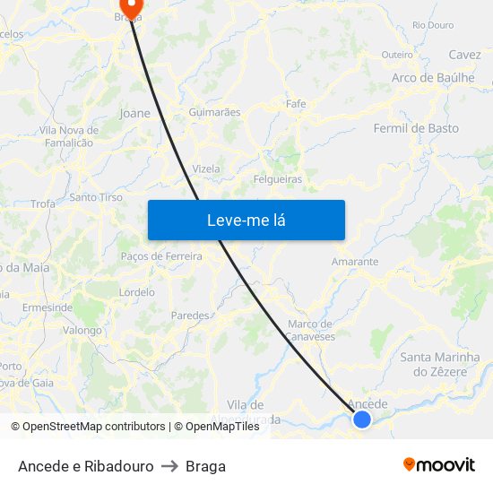 Ancede e Ribadouro to Braga map