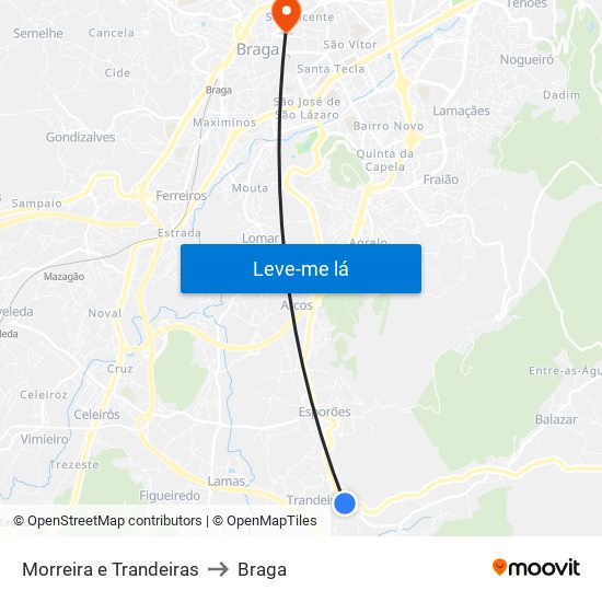 Morreira e Trandeiras to Braga map