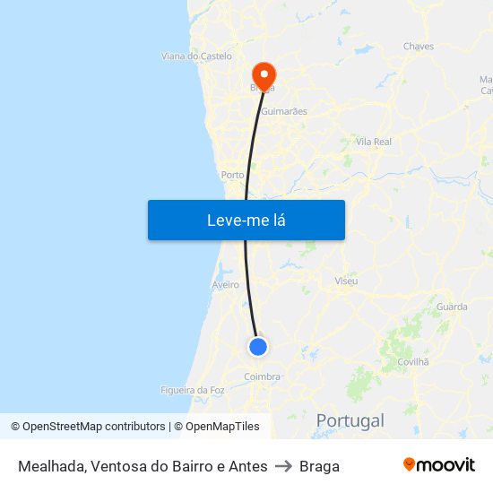 Mealhada, Ventosa do Bairro e Antes to Braga map