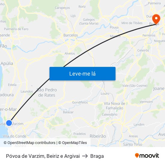 Póvoa de Varzim, Beiriz e Argivai to Braga map