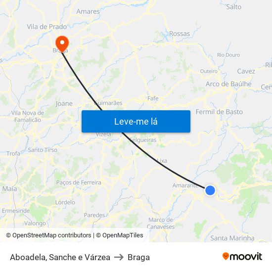 Aboadela, Sanche e Várzea to Braga map