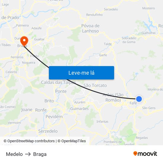 Medelo to Braga map