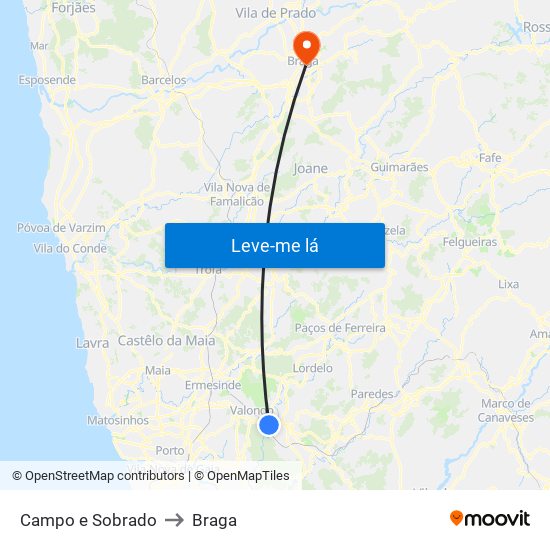 Campo e Sobrado to Braga map