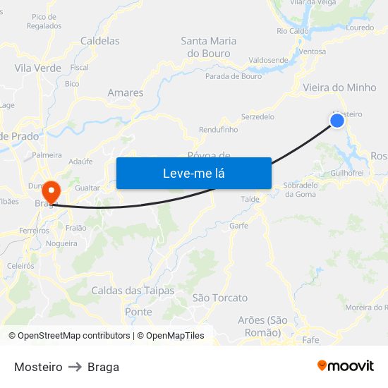 Mosteiro to Braga map