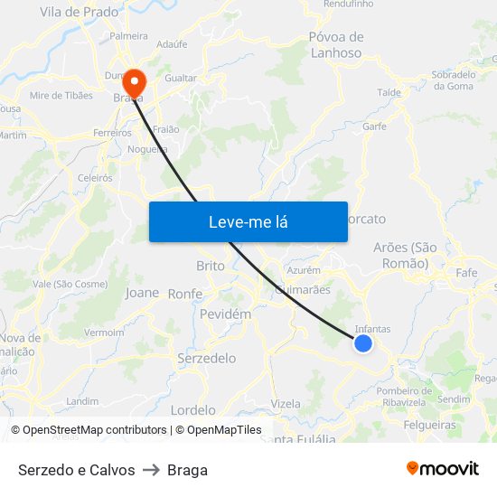 Serzedo e Calvos to Braga map