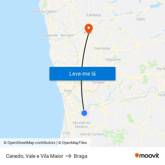 Canedo, Vale e Vila Maior to Braga map