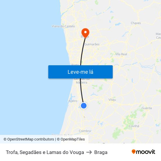 Trofa, Segadães e Lamas do Vouga to Braga map