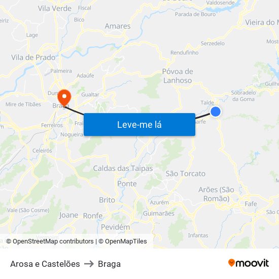 Arosa e Castelões to Braga map