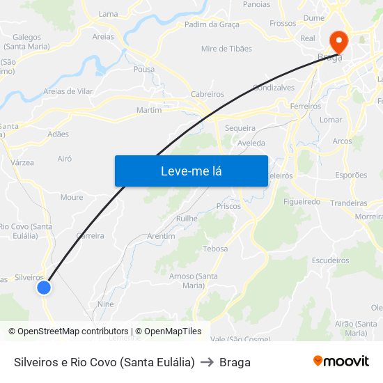 Silveiros e Rio Covo (Santa Eulália) to Braga map