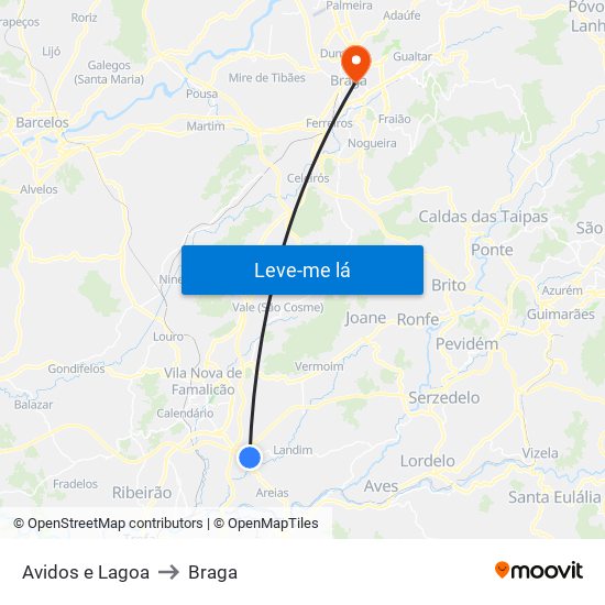 Avidos e Lagoa to Braga map
