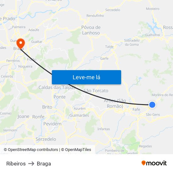 Ribeiros to Braga map