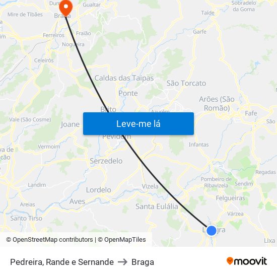 Pedreira, Rande e Sernande to Braga map