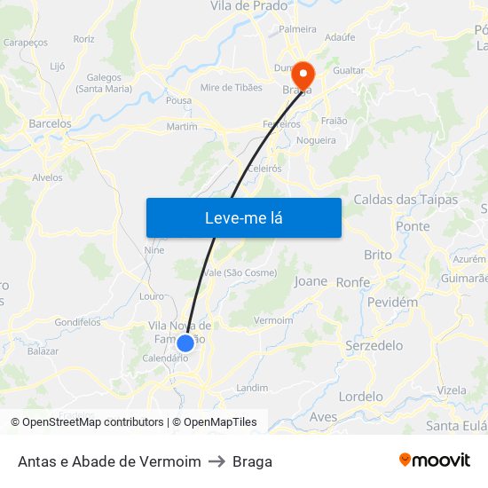 Antas e Abade de Vermoim to Braga map