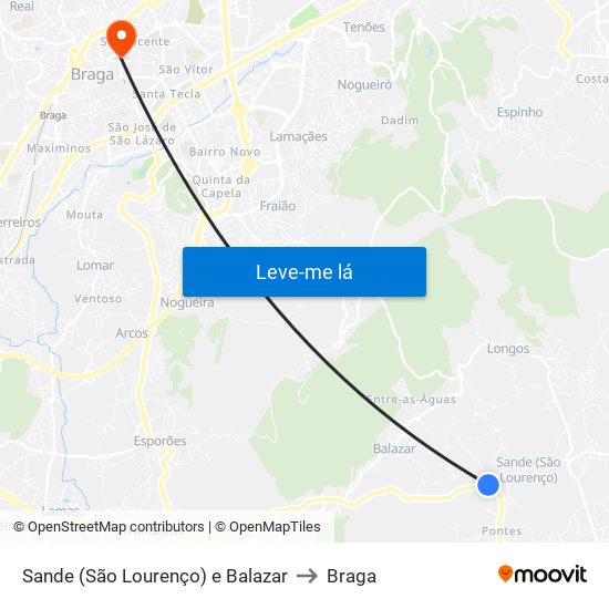 Sande (São Lourenço) e Balazar to Braga map