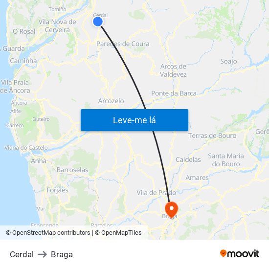 Cerdal to Braga map