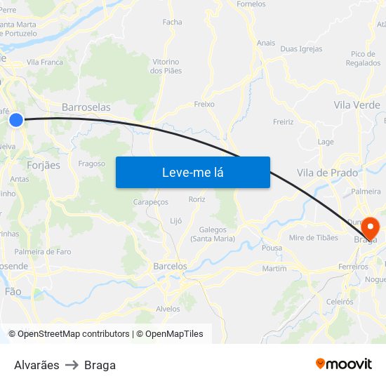 Alvarães to Braga map