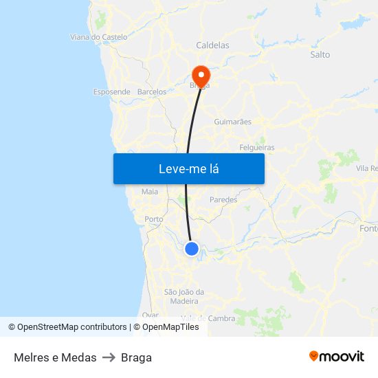 Melres e Medas to Braga map