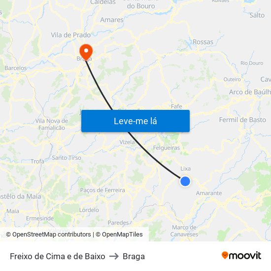 Freixo de Cima e de Baixo to Braga map