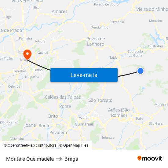 Monte e Queimadela to Braga map