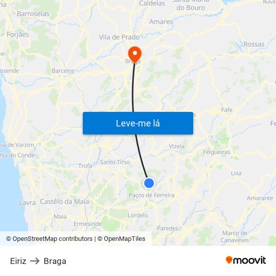 Eiriz to Braga map
