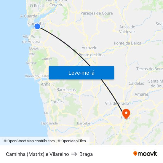 Caminha (Matriz) e Vilarelho to Braga map